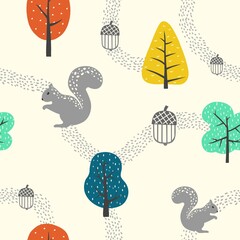 Seamless forrest pattern with squirrels and nuts.