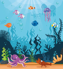 octopus with fishes wild marine animals in ocean, sea world dwellers, cute underwater creatures,habitat marine concept vector illustration design