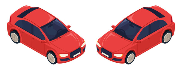 Modern red car. For the middle class. The average European car. Made in vector illustration in 3d isometric style