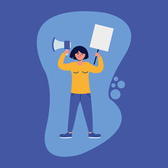 young woman protesting with megaphone and placard