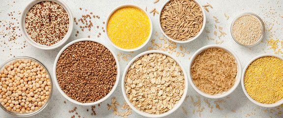 Set with various cereal grains on stone background