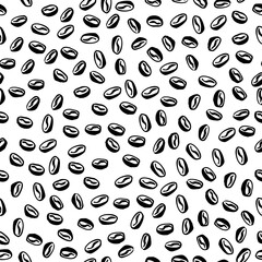 Hand drawn doodle seamless pattern. Black ink coffee beans background.