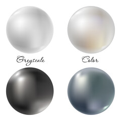 Sea pearl set isolated on white background. 3D orb in realistic style, mesh gradient. Jewel gems or white and black balls vector illustration with natural reflections in color and greyscale variants.