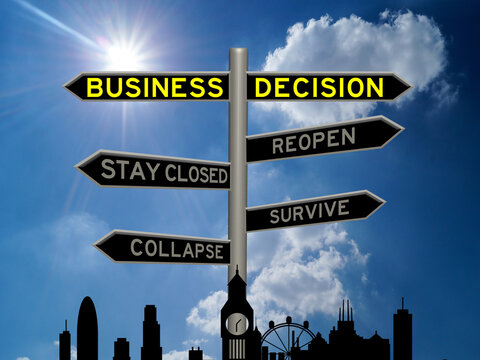 Business decision to reopen or stay closed concept 3d sign on a signpost against a blue sunny sky and cityscape silhouette background
