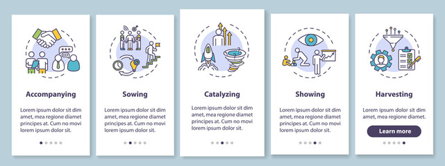 Corporate management onboarding mobile app page screen with concepts. Guidance for colleague. Support employee walkthrough 5 steps graphic instructions. UI vector template with RGB color illustrations