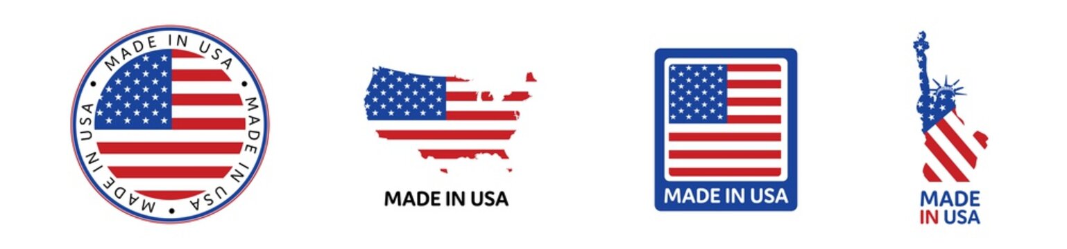 American National Holiday. Set of Made in USA icons. US Flags with American stars, stripes and national colors. 