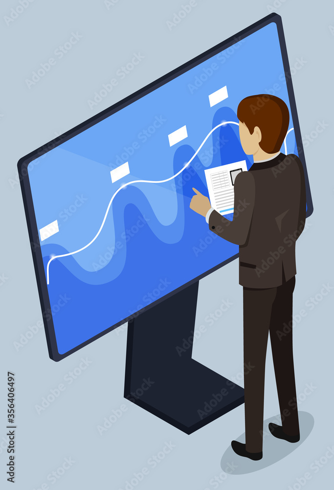 Aufkleber businessman back view communicating with touchscreen monitor. worker male holding document and using