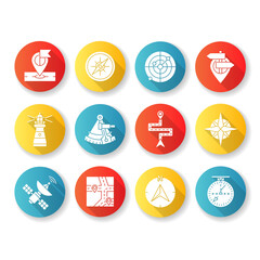 Fototapeta premium Navigation flat design long shadow glyph icons set. Land, marine and aeronautical navigating. Different geographical positioning signs, maps and pointers. Silhouette RGB color illustration