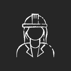 Female engineer chalk white icon on black background. Professional constructor in safe helmet. Specialist contractor to work on building site. Labor safety. Isolated vector chalkboard illustration