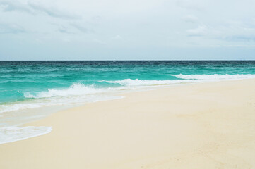 Fototapeta na wymiar Sea wave with white foam waves approaching tropical clean beach in summer