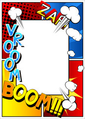 Obraz premium Vector pop-art style comic book page template background with explosions, halftone effects and rays.