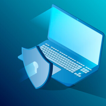 Protection and security of computer data.Isometric image of the laptop and shield.The concept of a secure connection.Vector illustration.