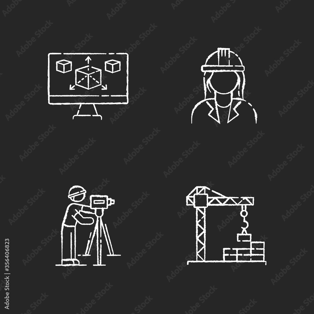 Poster construction building process chalk white icons set on black background. three dimensional computer 