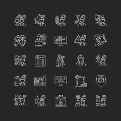 Civil engineering chalk white icons set on black background. Male builder to work on construction site. Heavy manufacturing production specialist. Isolated vector chalkboard illustrations