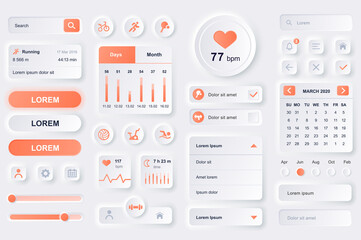 User interface elements for fitness workout mobile app. Fitness tracker, sport activity planner, heart rate monitor gui templates. Unique neumorphic ui ux design kit. Manage and navigation components. - obrazy, fototapety, plakaty