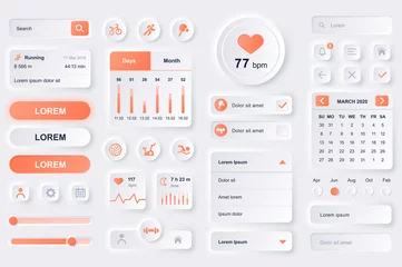 Fotobehang User interface elements for fitness workout mobile app. Fitness tracker, sport activity planner, heart rate monitor gui templates. Unique neumorphic ui ux design kit. Manage and navigation components. © alexdndz