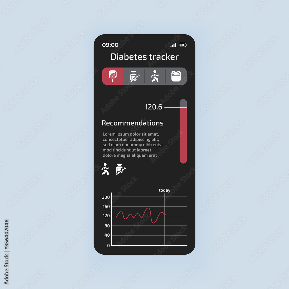 Poster diabetes tracking smartphone interface vector template. mobile app page black theme design layout. b