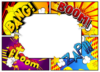 Vector pop-art style comic book page template background with explosions, halftone effects and rays.