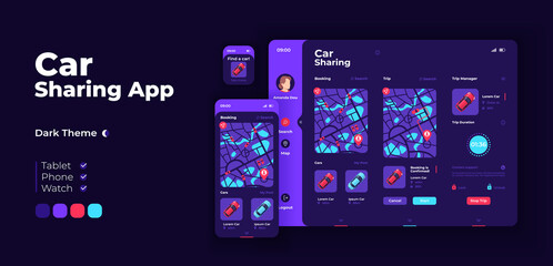 Car sharing app screen vector adaptive design template. Automobile for renting. Carpooling application night mode interface with flat characters. Smartphone, tablet, smart watch cartoon UI