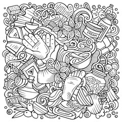 Massage hand drawn vector doodles illustration. Spa salon poster design.