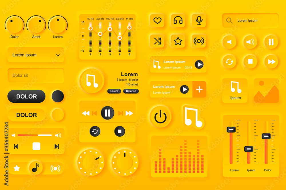 Aufkleber User interface elements for music player mobile app. Equalizer settings, playlist with compositions, search bar gui templates. Unique neumorphic ui ux design kit. Navigation and audio components.