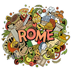 Rome hand drawn cartoon doodles illustration. Funny travel design.