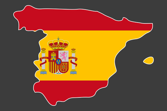 Spain flag map with white outline on dark grey background. Spain sticker map flag isolated on barely dark background.