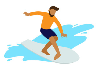 Flat illustration of a surfer. Vector summer illustration of a surfing man. Big waves. Colorful art for print, web, postrers. Active lifestyle.