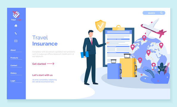 Travel insurance and positive sides of getting insured trip. Consultant or advisor showing contract and pointing on globe with location tags. Website or webpage template, landing page vector