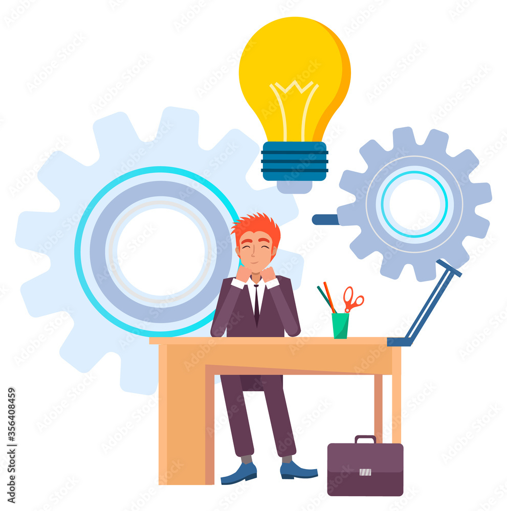 Poster man thinking on business problem vector, electric bulb idea. cogwheel process of creation of new con