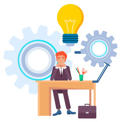 Man thinking on business problem vector, electric bulb idea. Cogwheel process of creation of new concept Employee freelancer by table happy character
