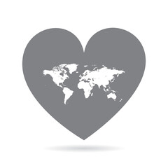 World map inside a grey love heart. National pride