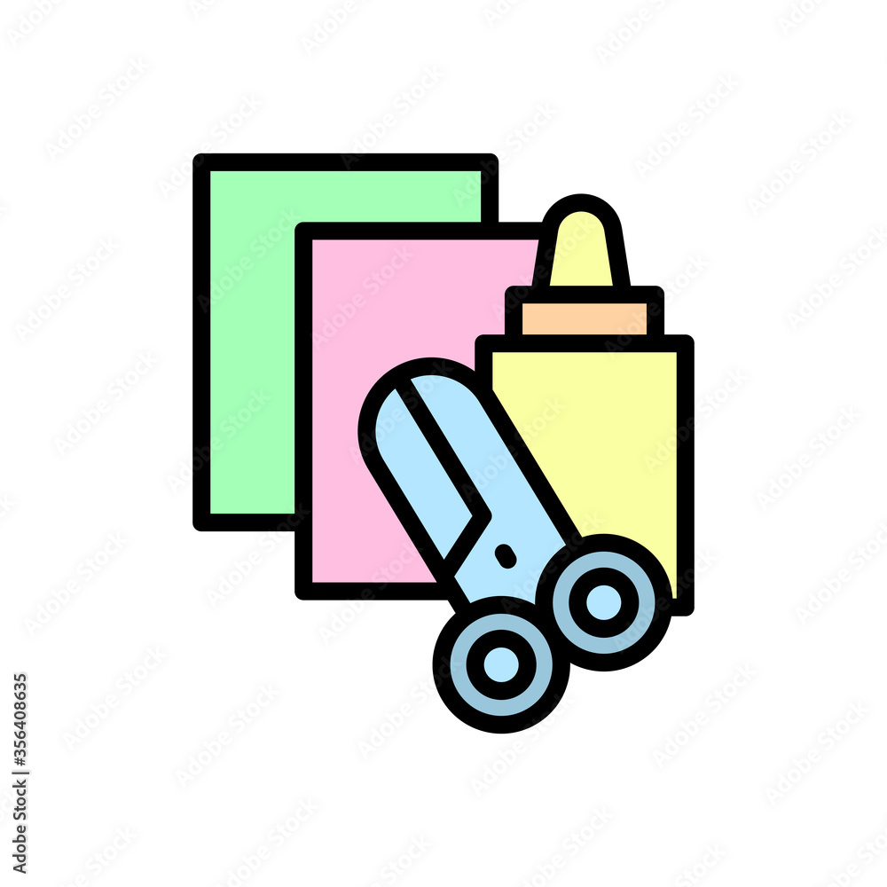 Poster scissors, glue, paper icon. simple color with outline vector elements of kindergarten icons for ui a