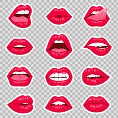 Red kissing and smiling cartoon lips isolated decorative icons for party presentation.  Sexy womans flat lips expressing different emotions