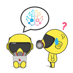 Human in respirator and protective clothing. Human in respirator using Notebook. Cute Sticker.