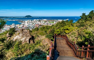 super view from mountain-top while down from top of Seongsun Ilchubong, jeju, South Korea. The top of the mountain is at one hundred eighty meter high can be reached by foot only.