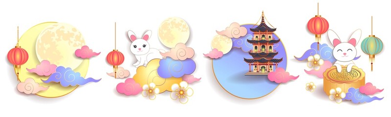Mid autumn festival / Chinese festival with the moon, moon cake, cloud, pagoda, lantern, rabbits and flowers on white paper. Vector illustration © Pawan