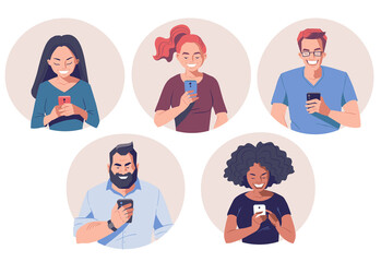 Group of people with smartphones. Men and women holding mobile phone in hands. Cartoon avatar portraits. Online communication concept. Vector character illustration.