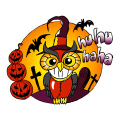Creepy owl with witch hat and crazy smile in graveyard with pumpkins and bats, halloween theme color cartoon