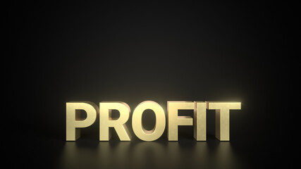 Profit Golden lettering on a reflective floor with black background and space for text. Side Perspective.