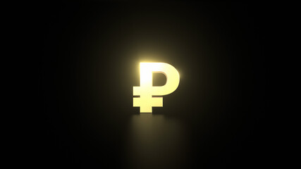 Ruble Golden lettering on a reflective floor with black background and space for text. Frontal Perspective.