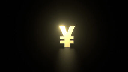 Obraz premium Yen Symbol Golden lettering on a reflective floor with black background and space for text. Frontal Perspective.