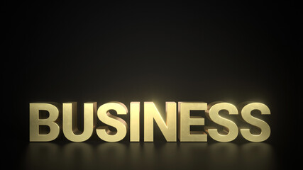 Business Golden lettering on a reflective floor with black background and space for text. Frontal Perspective.