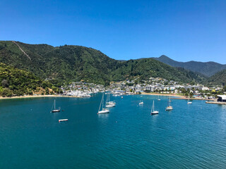 View from the ferry leaving Picton, New Zealand on a sunny day