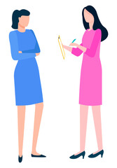 Woman in pink and blue dress, making notes in notepad by pen. Vector business colleagues communicating, financial analytics and enterpreneur managers