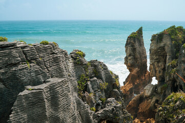 Pancake Rocks formations with view on the ocean in New Zeland South Island