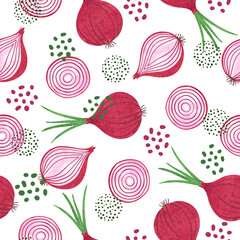 Seamless watercolor red onion pattern. Vegetable vector background.