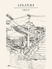 Gokarna village, Karnataka, India. Main street near Parvati temple. Vintage hand drawn postcard. EPS10 vector illustration