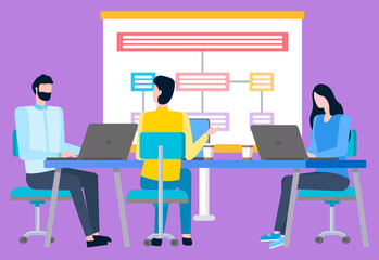 Workers characters presenting board with scheme, colleagues brainstorming. Vector people cooperating in team working at laptops sitting at table