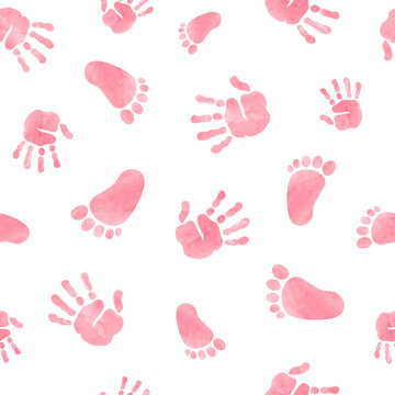 Seamless pattern with kids palm hand and foot prints. Baby shower watercolor vector illustration.